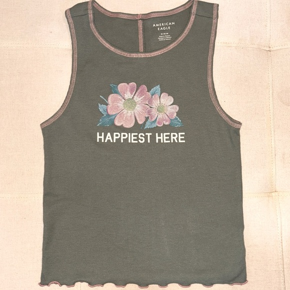 American Eagle Outfitters Tops - AE Graphic “HAPPIEST HERE” Cropped Tank Top, Size Medium